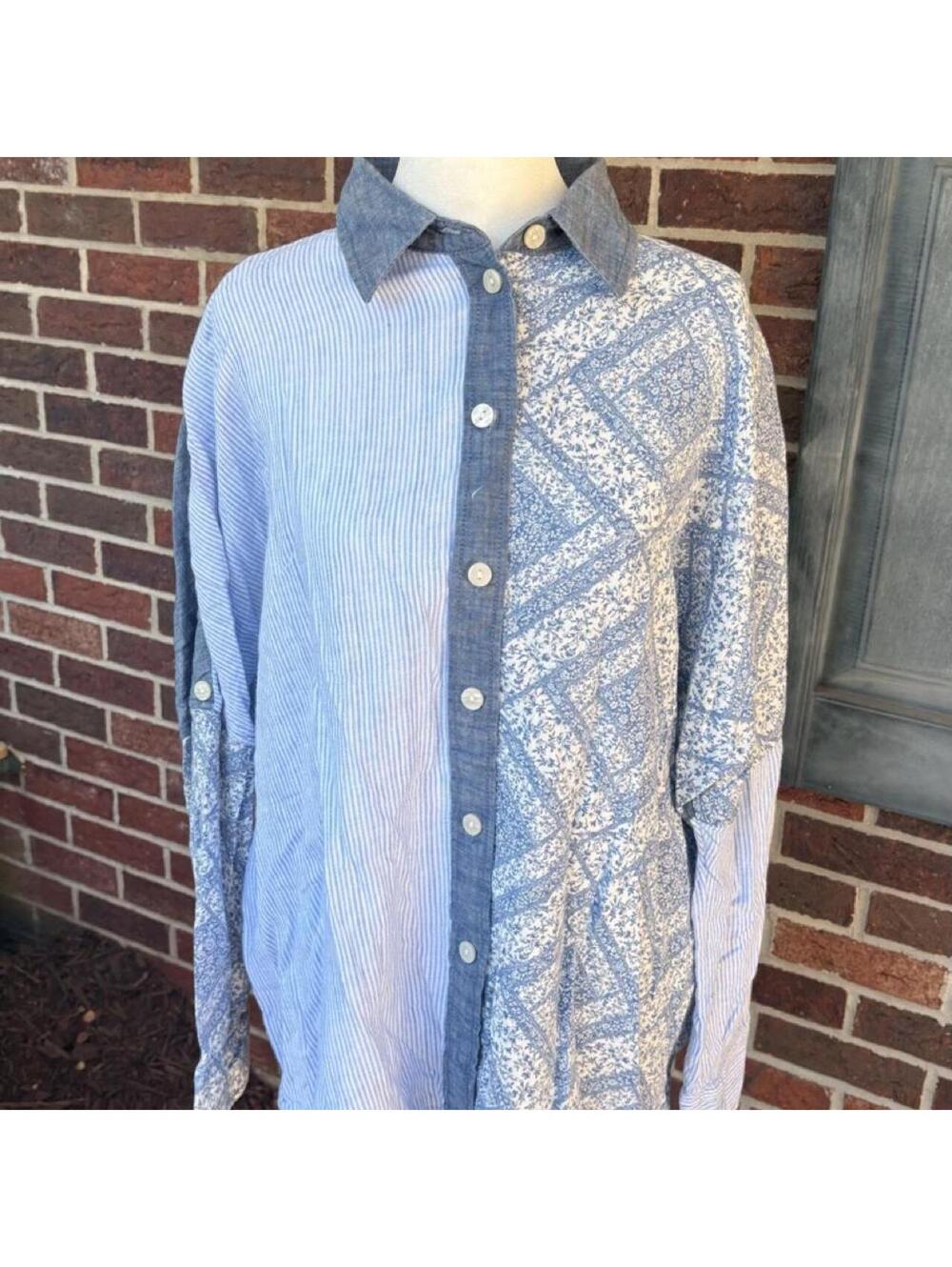 American Eagle Patchwork Button-Up Shirt XXS Blue Floral and Stripe